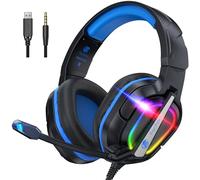 Fachixy FC200 Foldable Gaming Headset with ENC Mic, Gamer Headset for PS4, PS5, PC, Xbox, Switch, 3.5mm Wired Over-Ear Headphones with LED Lights - Blue