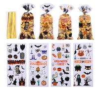 FACHOI Halloween Cellophane Bags with Twist Halloween Sweet Bags Pumpkin Spider Candy transparent Tie Trick or Treat Bag F1-WSBZD (C-TMCTA, One Size)