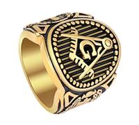 Fachoice Antique Masonic Signet Ring for Men Gold Masonic Trowel Ring, Vintage Master Mason Ring Classic Freemason Symbol Ring Men’s Rock Masonic Compass Jewelry Masonic Stripe Ring, Stainless Steel