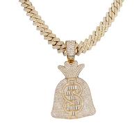 Fachoice Dollar Money Bag Pendant for Men Iced Out Dollar Sign Cuban Necklace, Hip Hop Dollar Bag Cuban Chain Necklace Gold CZ Money Bag Cuban Necklace Men’s Rapper Dollar Money Bag Jewelry