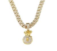 Fachoice Dollar Money Bag Pendant for Men Rhinestone Dollar Sign Cuban Necklace, Hip Hop Money Bag Cuban Chain Necklace Gold CZ Dollar Bag Cuban Necklace Men’s Rapper Dollar Money Bag Jewelry