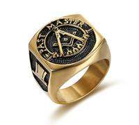 Fachoice Gold Masonic Master Signet Ring for Men Rock Hip-Hop Vintage Masonic Compass Ring for Men, 17.3, Stainless Steel, No Gemstone
