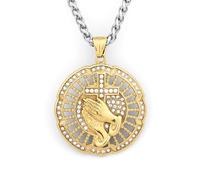 Fachoice Gold Prayer Hand Circle Pendant Iced Out Necklace for Men - CZ Christian Cross Charm Jewelry