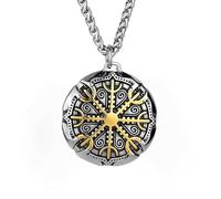 Fachoice Signpost Locket Pendant for Men Viking Compass Circle Necklace Celtic Helmet of Awe Necklace Men's Vintage Signpost Compass Amulet Jewelry