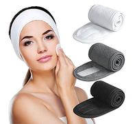 Facial Spa Headband 3 Counts Adjustable Makeup Hair Band with Magic Tape,Head Wrap for Face Care, Makeup and Sports (black+white+gray)