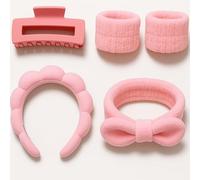 Facial Spa Headbands and Wristband Set for Makeup, Skincare, Face Washing 2 Headbands and 2 Wrist bands (Pink, One Size)