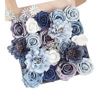 FACINOC Roses Artificial Flowers Dusty Blue Silk Bulk for DIY Wedding Bouquets Bridal Shower Decorations Fake Floral Arrangements for Party Table Centerpieces Home Decor Indoor Navy Royal Box Set
