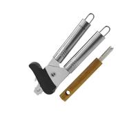Fackelmann 9943650 Duo Manual Box Opener and Tongue Pull, Can Opener, Tongue Pull, Stainless Steel, Plastic, Wood, Stainless Steel, Silver, Black, Brown, 20.5 x 5.5 x 4.5 cm