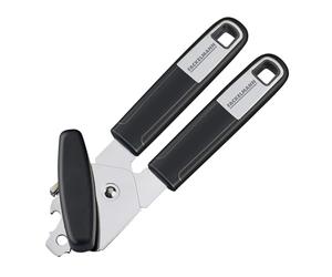 Fackelmann SENSE Can Opener, with Bottle Opener, Tin Opener, Stainless Steel Function Head, Soft-Grip Non-Slip Soft Touch Handle, 20x5.4x2.2cm, Silver & Black