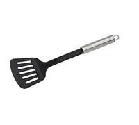 FACKELMANN 44308 Slotted Turner 33 cm Oval, Practical Plastic Spatula with Ergonomic Stainless Steel Handle, Kitchen Utensil for Cooking (Colour: Silver/Black), Quantity: 1 Piece