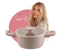 FACKELMANN x Pamela Reif Cooking Pot with Glass Lid - 20 cm, Recycled Aluminium in Pastel Beige, Ceramic Coating, Heat Resistant up to Plus 150 °C - Hand Cleaning
