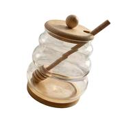 FackLOxc Sealed Glass Honeys Dispenser Includes Wooden Stirring Stick and Lid Shatterproof High Borosilicate Glass Storage Jar Wooden Lid Dear Container