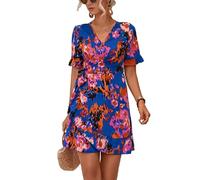 FackLOxc Women Flared Short Sleeve Abstract Floral Print V-Neck A-Line Mini Dress Tie Waist Wrap Asymmetrical Ruffled Hem Dresses v-neck dress for women