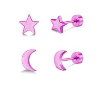 FACOKO 2 Pairs Flat Back Earring for Women Pink Star and Moon Earrings Titanium Screw Back Earrings Hypoallergenic Stud Earring for Men (Moon & Star-Pink-5MM)
