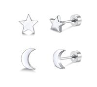 FACOKO 2 Pairs Flat Back Earrings for Women, Silver Star and Moon Earring, Titanium Screwback Studs, Hypoallergenic Silver Cartilage Stud for Sensitive Ears(Moon & Star-Silver-5MM)