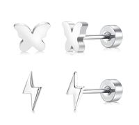 FACOKO Flat Back Earrings for Women, Butterfly Lightning Titanium Earrings - 5mm Flat Back Hypoallergenic Studs | Sleek Silver | Applicable to both men and women (Butterfly & Lightning-Silver-5MM)