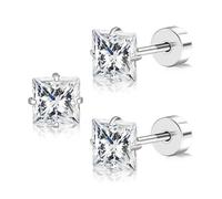 FACOKO Flat Back Earrings Women Clear Cubic Zirconia Studs Flatback Square CZ Stud 5mm Titanium Earring for Multiple Piercings (Clear Squaer CZ-5MM)