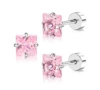 FACOKO Flat Back Earrings Women Pink Cubic Zirconia Studs Flatback Square CZ Screw Back Stud Hypoallergenic Titanium Earring for Multiple Piercings (Pink Square CZ-5MM)
