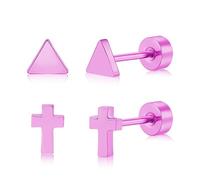 FACOKO Flat Back Earrings Women Pink Screw Back Earring G23 Titanium Crosses Earring Hypoallergenic Stud for Multiple Pierced Ears Flatback Triangle Earrings for Men