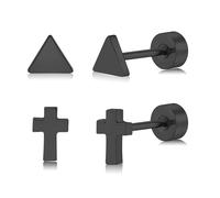 FACOKO Men's 5mm Black Triangle Cross Flat-Back Titanium Stud Earrings Hypoallergenic Geometric Earrings Simple and Stylish Earring Unisex (Crosses & Triangles - Black)