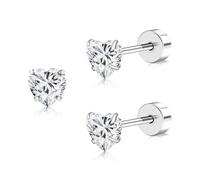 FACOKO Women's Flat Back Stud Earrings 4mm and 5mm Cubic Zirconia Heart/Square/Star Shape Hypoallergenic Titanium Earring Gift Ready, 4MM, Titanium, Zircon