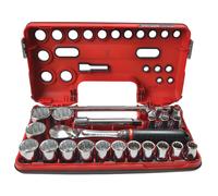 Facom 1/2in Drive 12 Pt Metric Socket Set 22 Piece Detection Box FCMSLDBOX412