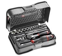 FACOM - 1/4 Inch Metric 6-Point Socket Set - R.161-3P6-19 Pieces with 1 Ratchet, 13 Sockets, 2 Extensions, 1 Gimbal, 1 Sliding Handle, 1 Screwdriver Handle - Box and Tray Included
