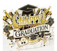 FaCraft 3D Pop Up Graduation Card 2026 - Handmade Premium Black & Gold Foil Congrats Grad Card with Writing Insert, Blank Insert, Envelope, 8x6 Graduation Greeting Cards for High School College