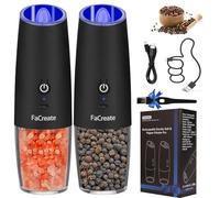 FaCreate UPGRADED USB RECHARGEABLE Gravity Electric Salt and Pepper Grinder Set,Battery Powered Automatic Operation Salt and Pepper Shakers,LED Light Adjustable Coarseness Mill 2 PACK(BLACK)