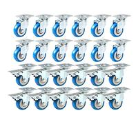 FactorDuty 24 Pack 50mm up to 240KG Heavy Duty Blue Polyurethane Castor Wheels, 12 No Brakes & 12 With Brakes for DIY, Furniture Trolley Caster Wheels