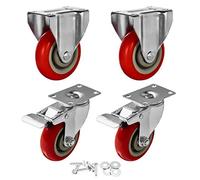 FactorDuty 4 PCS 100mm up to 540KG, Heavy Duty Red PU Castor Wheels, 2 Rigid Fixed + 2 Swivel With Brake for DIY, Furniture Trolley Wheels with Double Ball Bearings, Caster Wheel with Screws