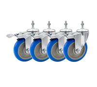 FactorDuty 5 Inch Heavy Duty BLUE Caster Wheel With Brake Dual Locking 3/8"-1.2" Threaded Stem Mount Caster Wheel Polyurethane Wheels Premium Non Marking No Noise 350LB Per Wheel (Pack of 4)