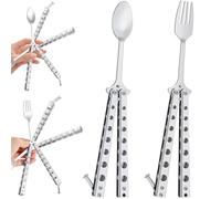 Factory New 2 Pcs Butterfly Fork and Spoon Set,Tactical Butterfly Spoon Folding StainlessSteel Spork Utensil Set Balisong Trainer for Camping Hunting Travel Outdoor