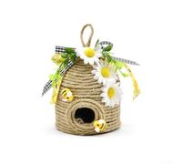 FACULX Natural Rope Bee Hive Decor With Sunflower Buffalo Plaid Bow, Handmade for JUTE Beehive House, Farmhouse Home Garden Rustic Decoration Indoor Outdoor(A)