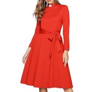 FAD-4U Church Clergy Dress for Women Spring/Autumn Long Sleeve Rows Buttons A Line Dress with Tab Collar and Belt Red