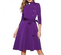 FAD-4U Church Clergy Dress for Women Spring/Autumn Long Sleeve Rows Buttons A Line Dress with Tab Collar and Belt Purple