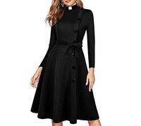 FAD-4U Church Clergy Dress for Women Spring/Autumn Long Sleeve Rows Buttons A Line Dress with Tab Collar and Belt Black