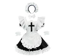 FAD-4U Gothic Lolita Maid Dress Navy Blue and White Cross Design with Ruffles Apron and Headband (Black, S)