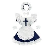 FAD-4U Gothic Lolita Maid Dress Navy Blue and White Cross Design with Ruffles Apron and Headband (Navy Blue, 3XL)