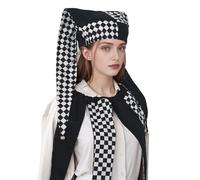 FAD-4U Jester Hat with Bells Black and White Harlequin Diamond Pattern for Halloween Christmas Costume Accessory Black and White