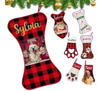 Fadace Personalised Christmas Stockings for Dogs Cats with Name Photo Custom Pet Christmas Stocking Customised Buffalo Plaid Stockings Xmas Holiday Decoration Red Bone Shape