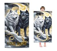 Fadaing Personalised Wolf Beach Towel with Name, Microfibre Beach Towel, Large 100 x 200 cm, Bath Towel 3D Wolves for Children (80 x 160 cm, 1)
