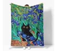 FADALO Van Gogh's Irises Cat Print Blanket,Soft Flannel Lightweight Blanket,Farmhouse Western Throw Blanket Cozy Warm Living Room Sofa Decor,Black Cat Floral Art Gifts Blanket All Seasons 40x50 inch