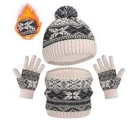 Fadcaer Boys Girls Hat Scarf & Gloves Set - 3 pcs Kids Winter Warm Beanie Hat Scarf Gloves Set Winter Thermal Knitted Beanie Cap & Circle Scarf & Magic Gloves w/ Fleece Lining 2-8 Years Old (White)