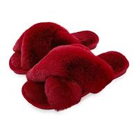 Fadezar Fluffy Slides for Women - Open Toe Faux Fur Slippers - Cute Comfortable House Slippers for Ladies and Girls - 328 Red Sole Size 35-36, UK 3-4