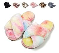 Fadezar Girls Fluffy Plush Memory Foam Slippers for Kids - Cute Leopard Print House Slippers - Open Toe Slip on Sliders - Colourful UK 10.5/11.5 (Label Size 30/31)
