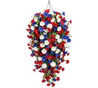 Fading Independence Bunch 3 Color Patriotic Flower Arrangement 12x12 Hanging Urn with Metal Chain, Faux Silk Memorial Petals with Festive Ribbons