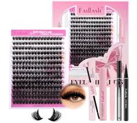 FADLASH 100D 0.07mm D Curl 8-16mm with Bond and Seal, Remover, Tweezers and Black Eyeliner Fluffy Wispy Cluster Lashes DIY Eyelash Extensions