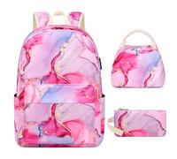 FADOVYE Teen Girls School Backpack Kids Bookbag Set with Lunch Box Pencil Case Travel Laptop Backpack Casual Daypacks, Large, Pink-marble, Pink-marble, L, Cute