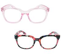 Fads & Fashions 2 PACK Colorful Stylish Retro Geek/Nerd Oversized Reading Glasses with Metal Hinges - Model TN14 (2 PACK TRANSPARENT PINK - FLORAL, 3.0, x)